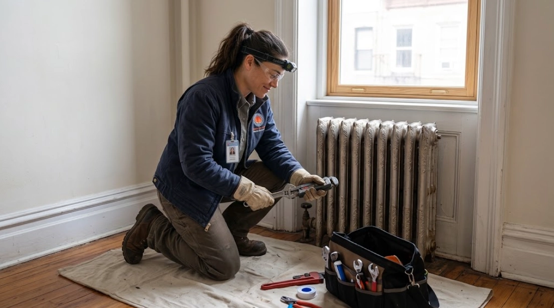 Steam radiator valve replacement Throgs Neck Bronx plumbing technician servicing steam air vent and valve shutoff