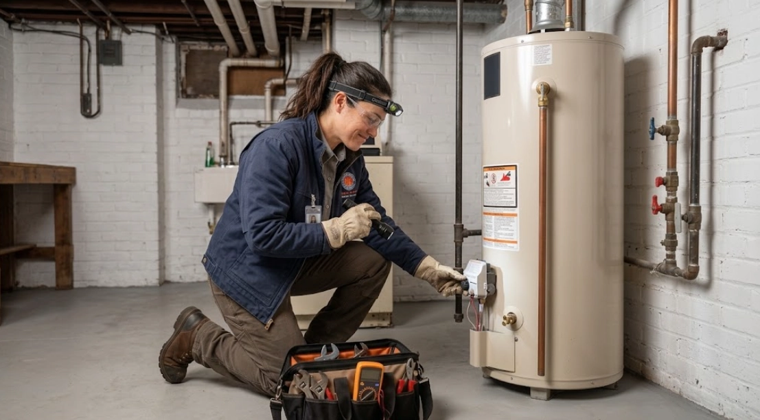 Water heater repair Throgs Neck Bronx diagnostic technician testing gas burner and thermostat controls